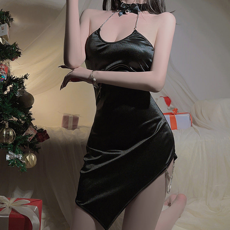 Sexy backless halter neck chain slim fit Christmas uniform