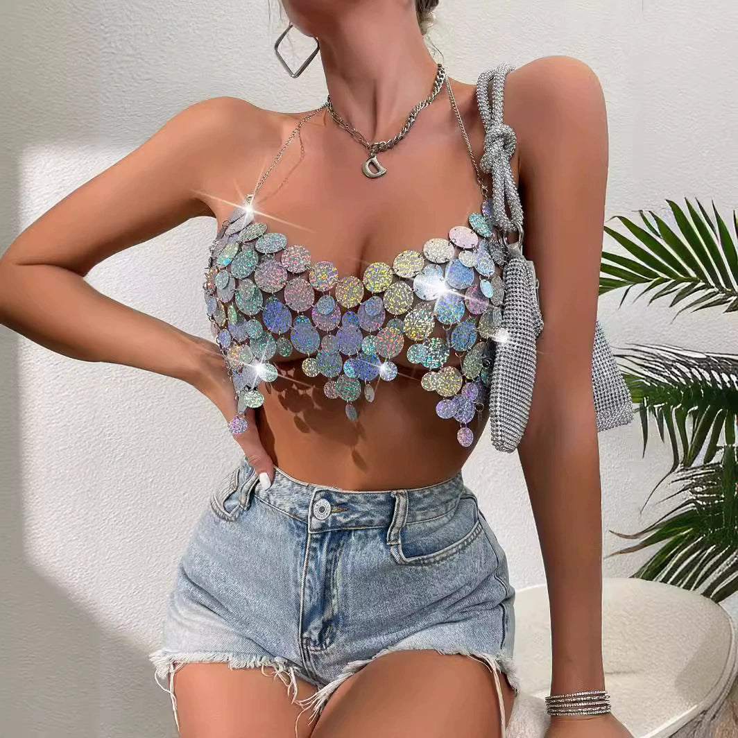 Nightclub Sexy Sequined Backless Chain Vest