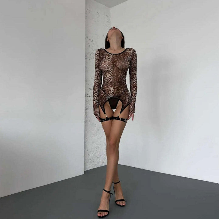 Leopard print mesh see-through bodysuit set