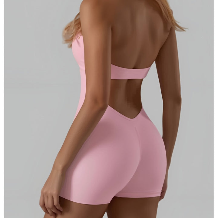 Halter V-Neck Lace Active Bodysuit Shorts