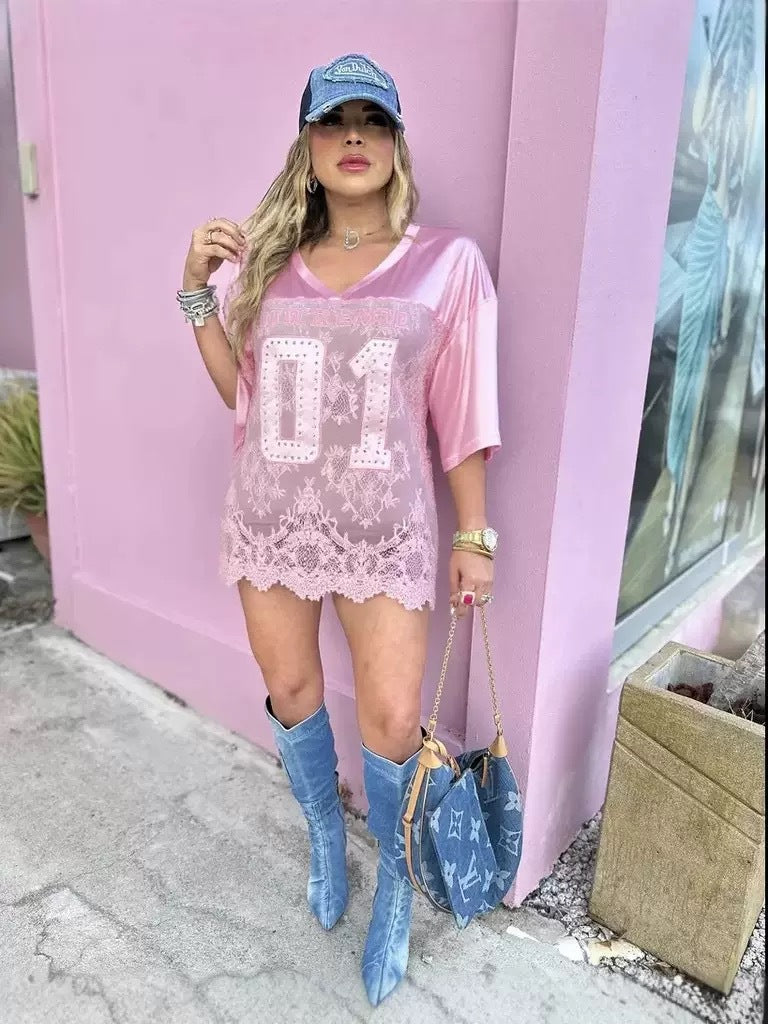 Printed Lace-Panel Sheer Street T-Shirt