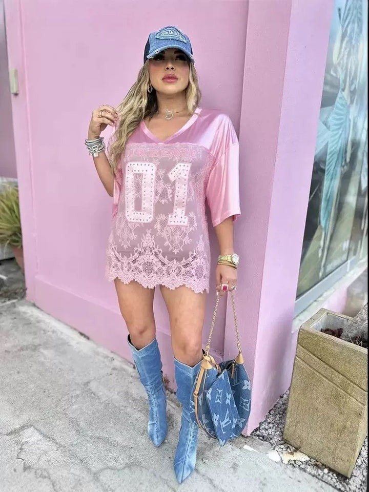 Printed Lace-Panel Sheer Street T-Shirt