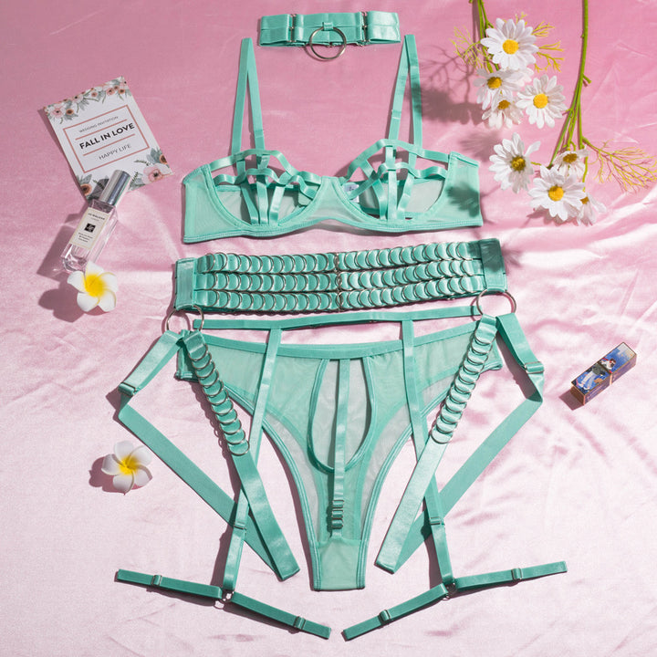 Metal-ring embellished lingerie set
