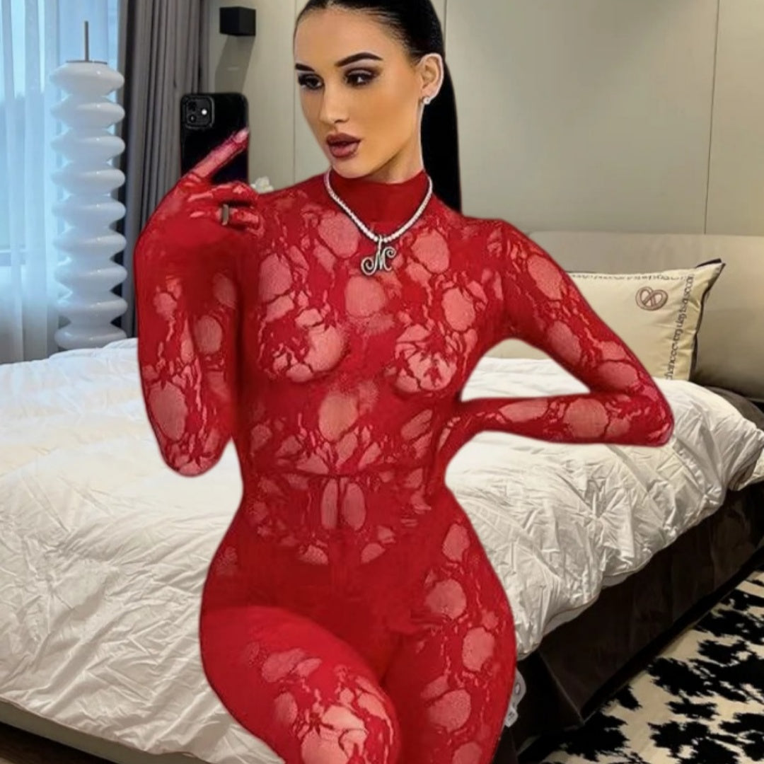Lace Jacquard Half-Turtleneck Slim Jumpsuit