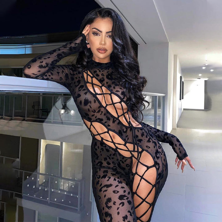 Leopard Print Lace-Up Bodycon Bodysuit