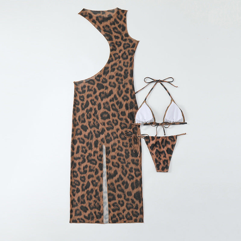 Waist-baring leopard print three-piece swimsuit