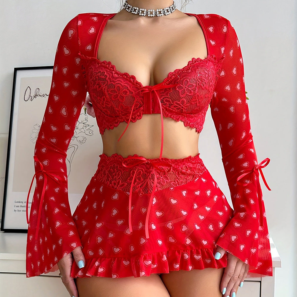 See-through sexy red heart bra short skirt thong three-piece set