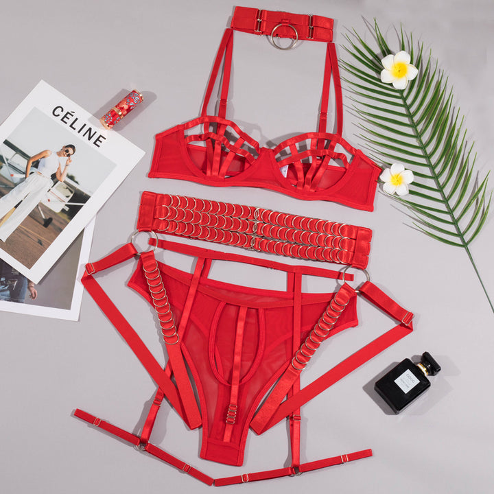 Metal-ring embellished lingerie set