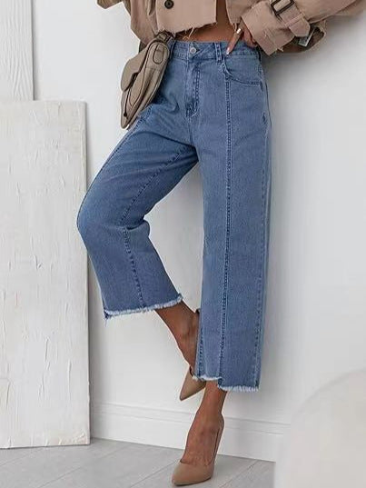 High-Waisted Cropped Straight-Leg Denim Jeans