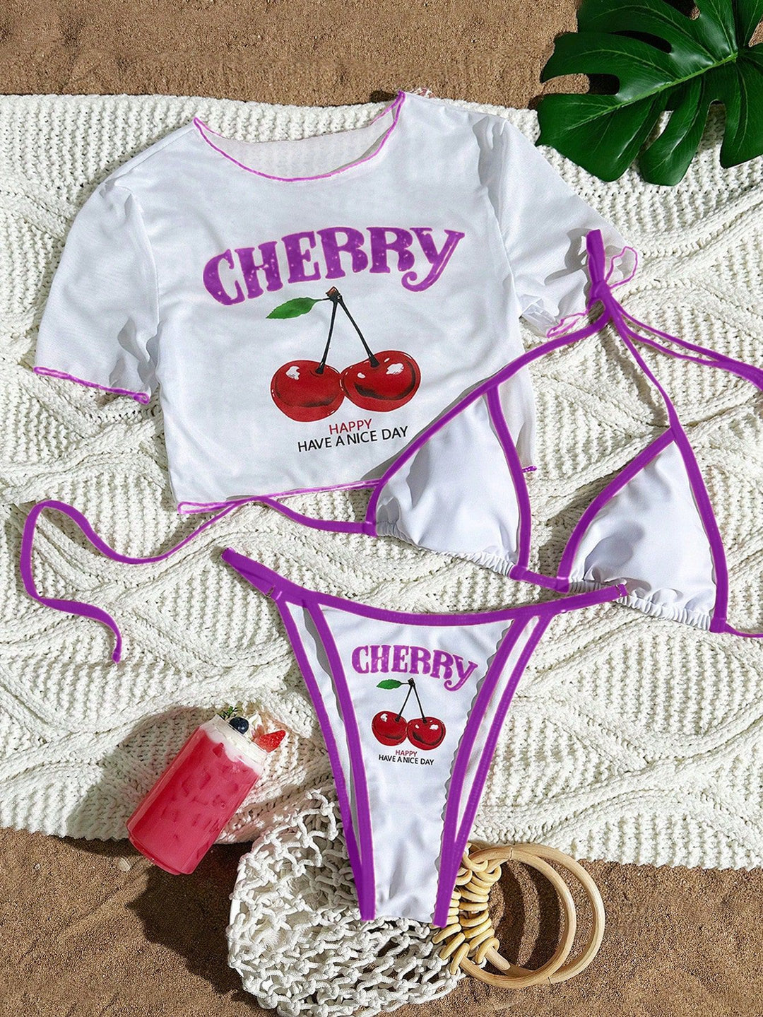 Cherry Print Three-Piece Bikini