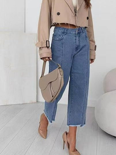 High-Waisted Cropped Straight-Leg Denim Jeans