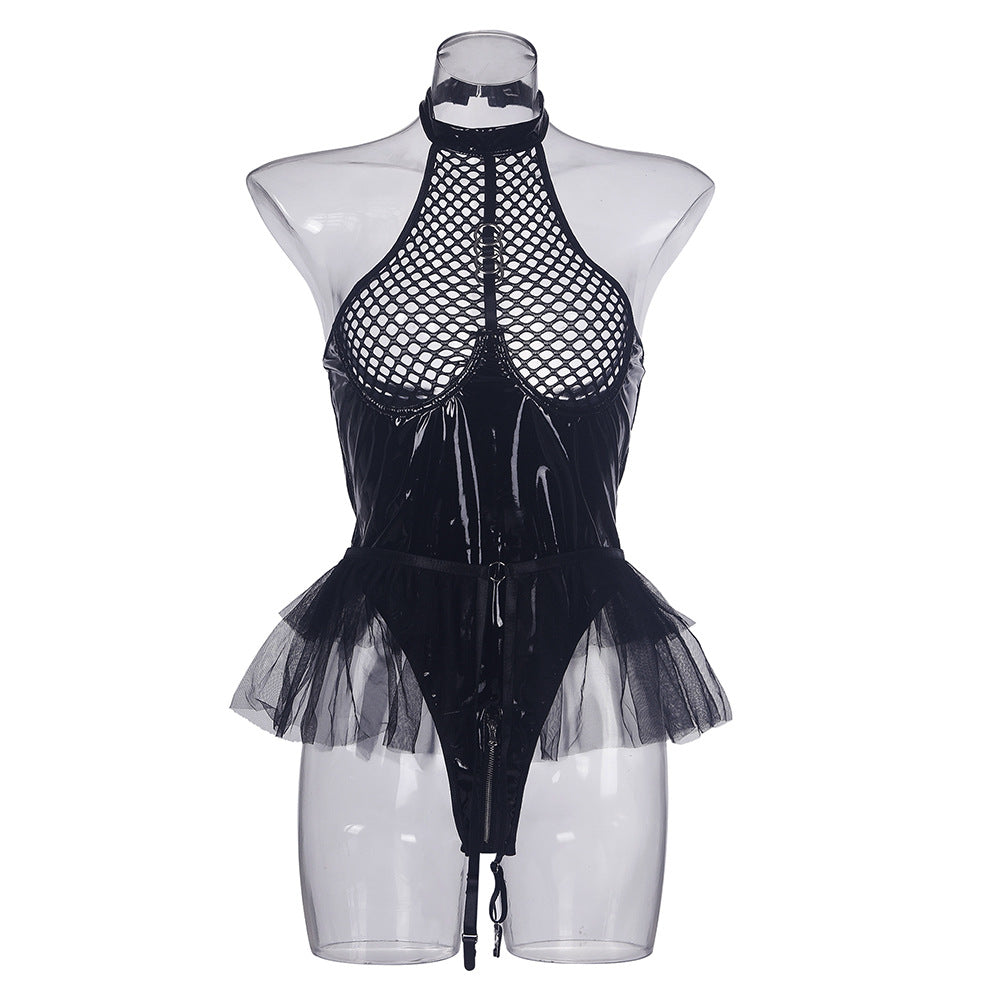 High-grade sexy lace black silk pajamas set