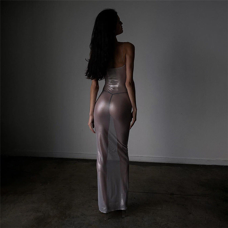 Sexy transparent metallic maxi skirt