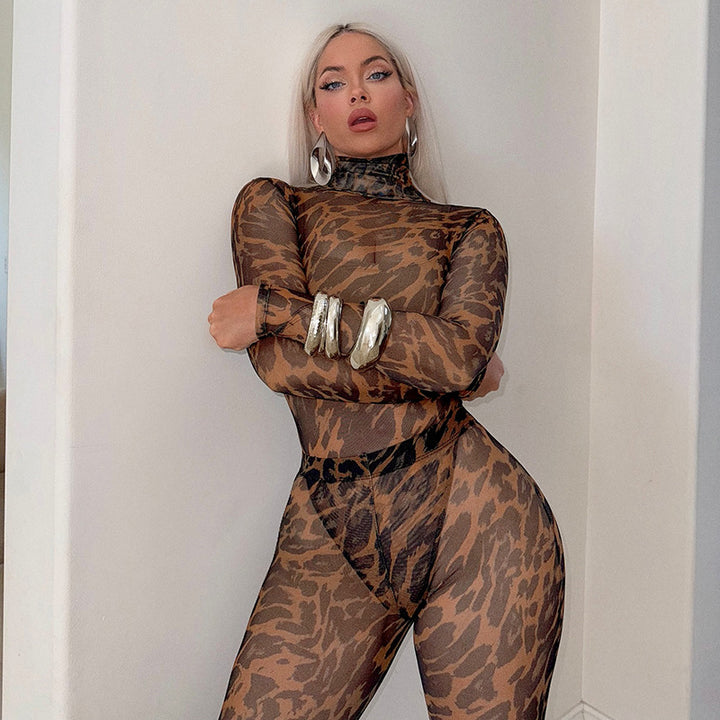 Leopard Mesh High-Neck Long-Sleeve Bodysuit – Slim Fit &amp; Fiercely Stylish