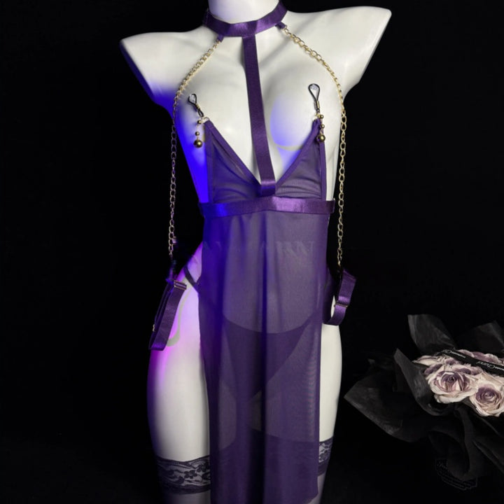 Sheer Mesh Body Dress Set with Chain Detail