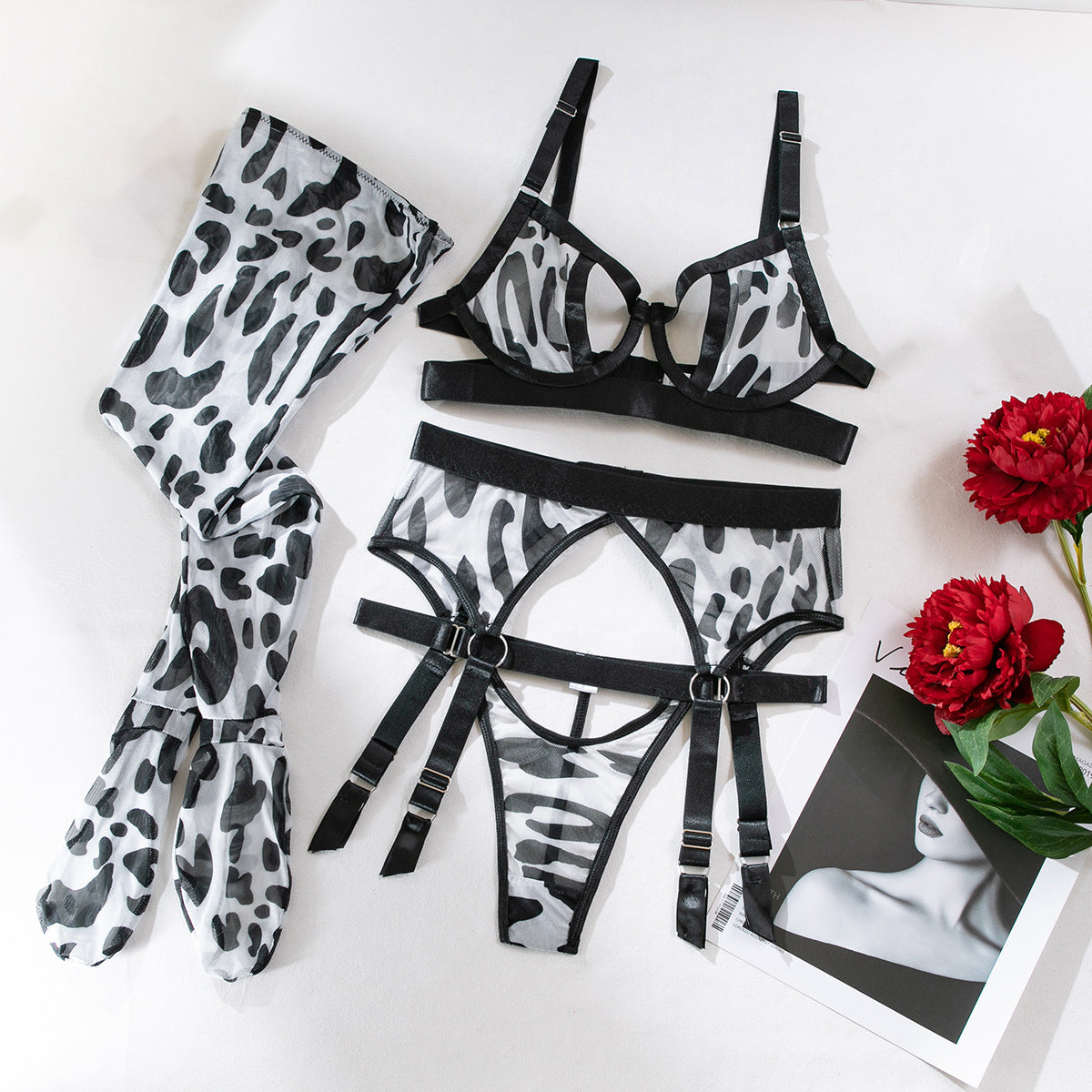Wild leopard print mesh hollow sexy lingerie four-piece set