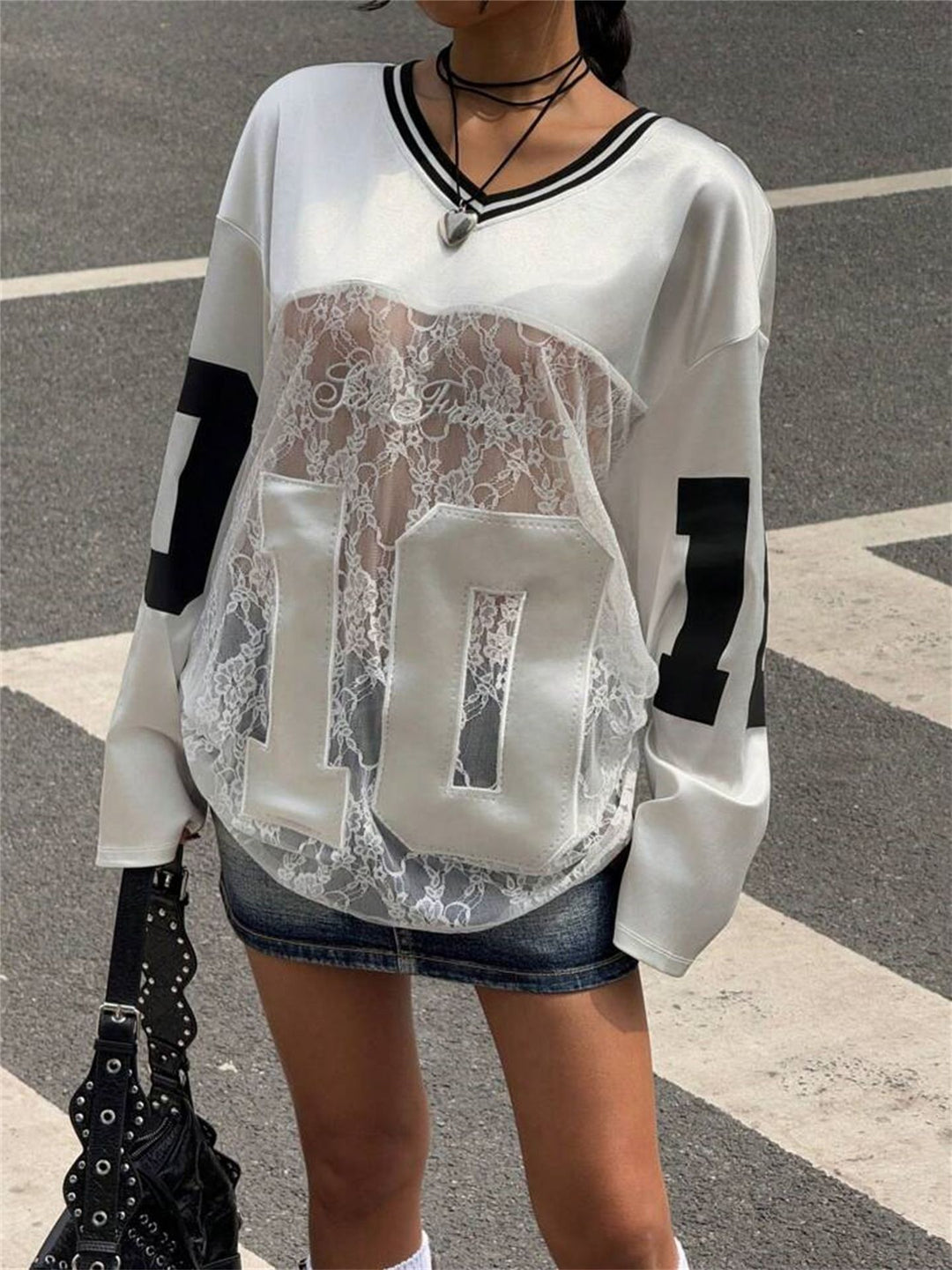 Printed Lace Sheer V-Neck Sweatshirt