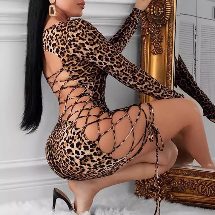 Leopard Print Backless Lace-Up Mini Dress