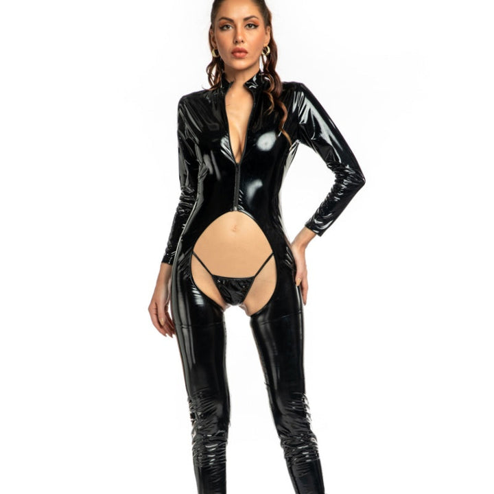 Open-crotch glossy PVC leather bodysuit