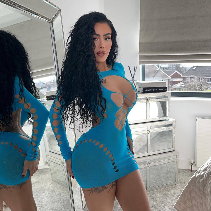 Fishnet Cutout Long-Sleeve Bodycon Skirt