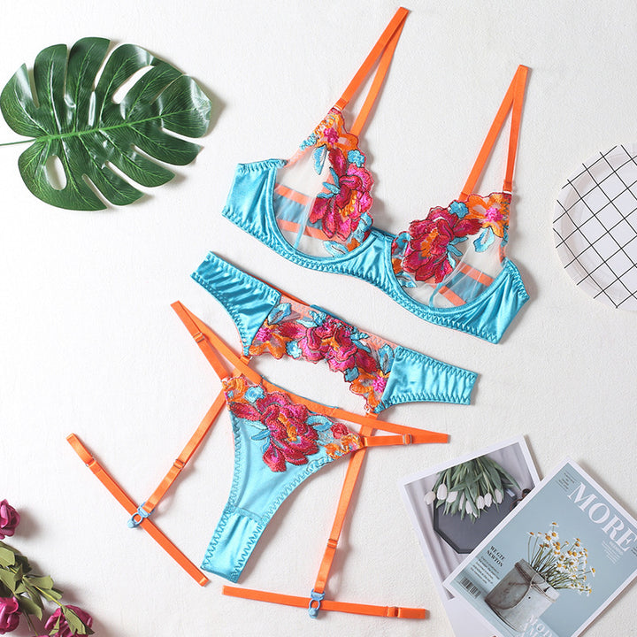 Blue floral embroidered lingerie set