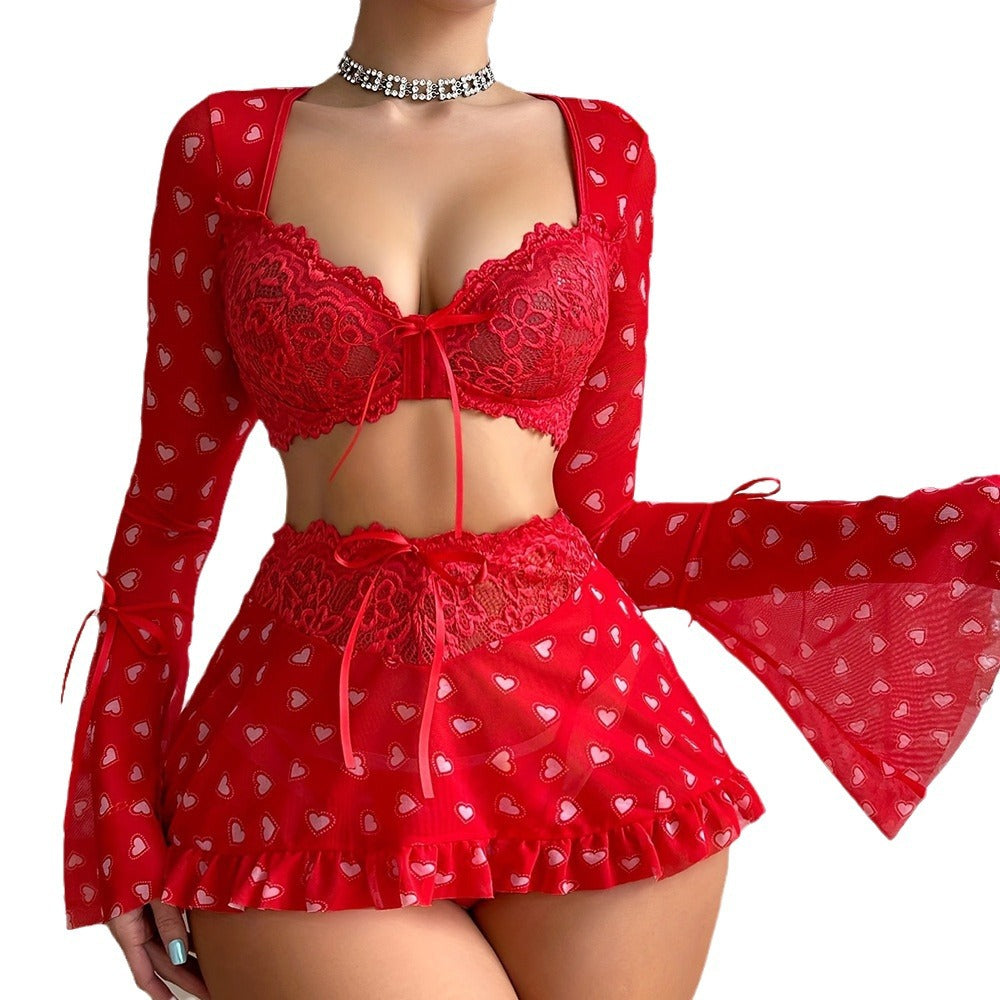 See-through sexy red heart bra short skirt thong three-piece set