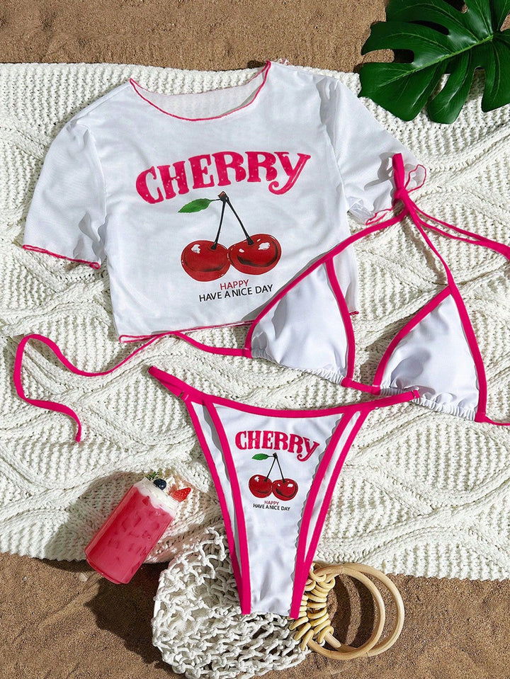 Cherry Print Three-Piece Bikini