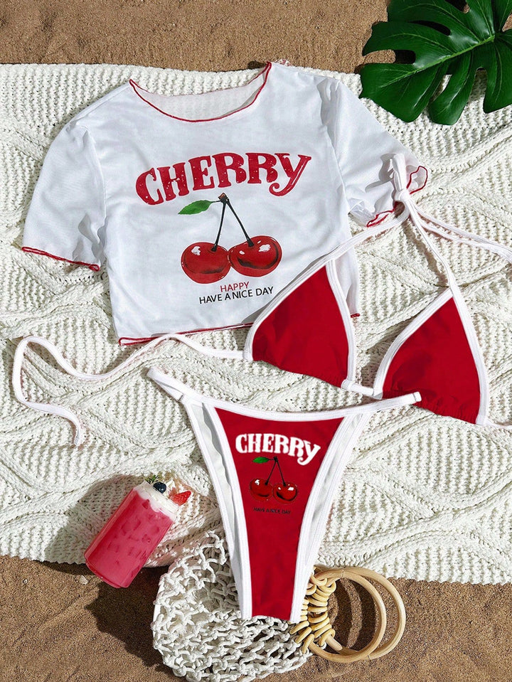 Cherry Print Three-Piece Bikini