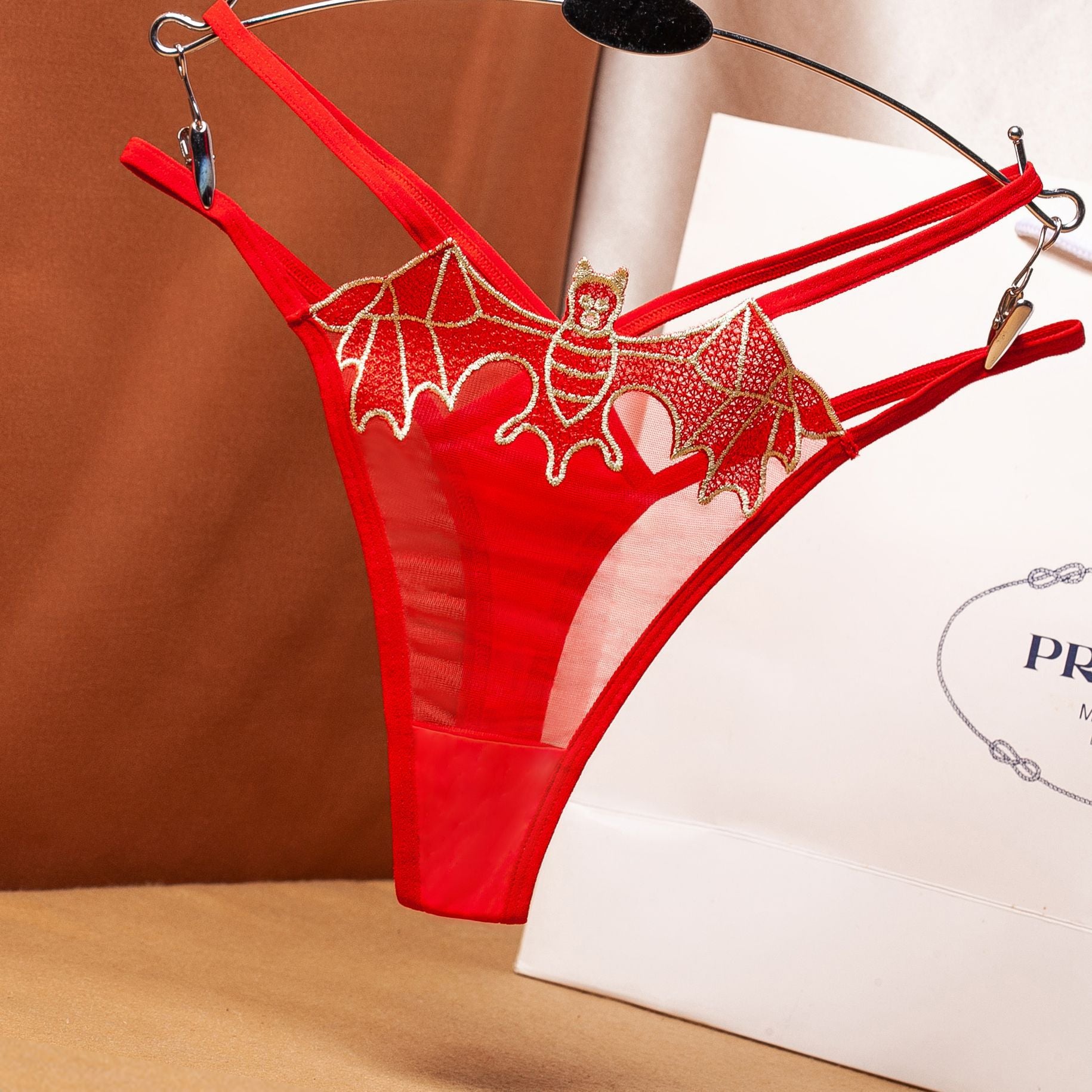 Tempting Bat Gauze Embroidery Hollow Strap Sexy Panties