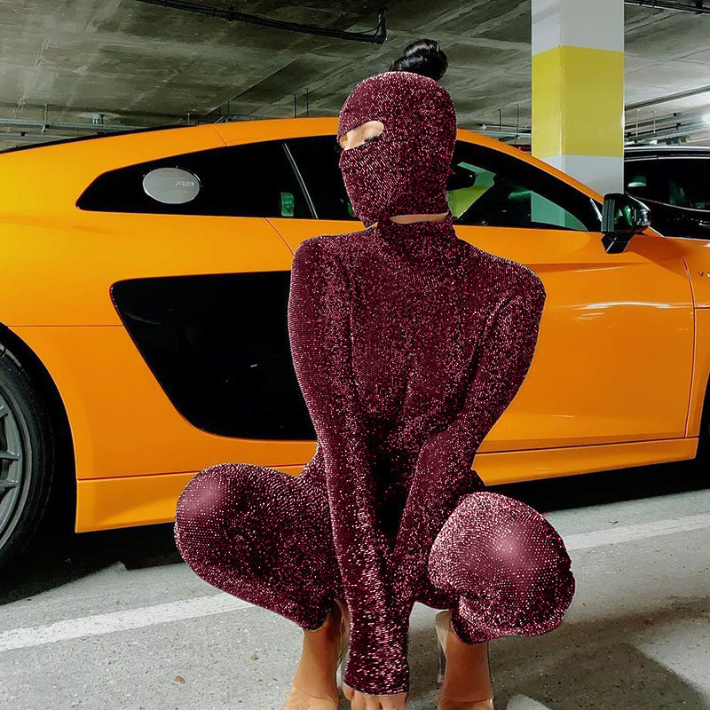 Shiny backless high-neck long-sleeved bodysuit (with hood)