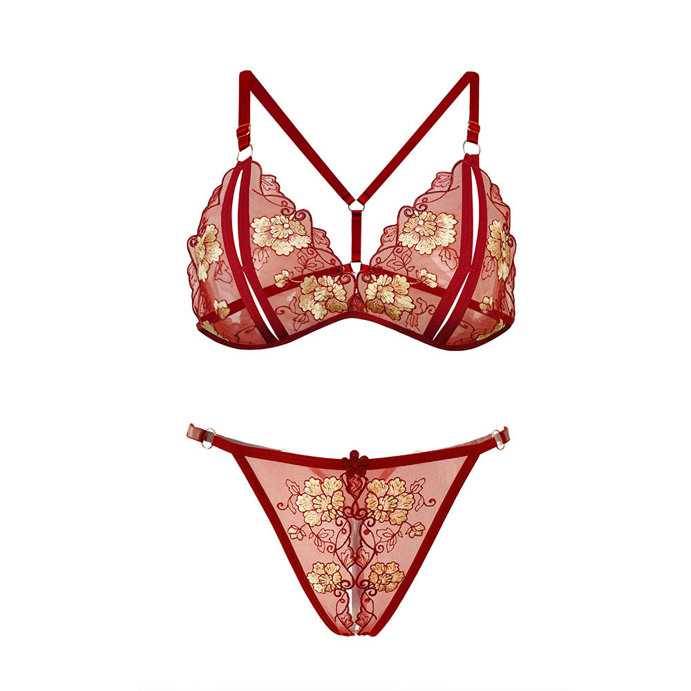 Tempting Sexy Embroidered Open Crotch Passion Bra Set