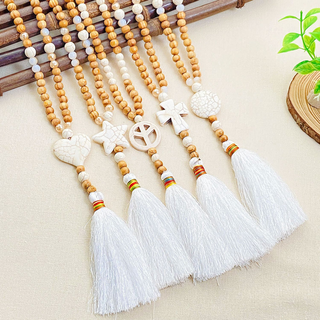 Natural Wood Beaded Cross Tassel Necklace