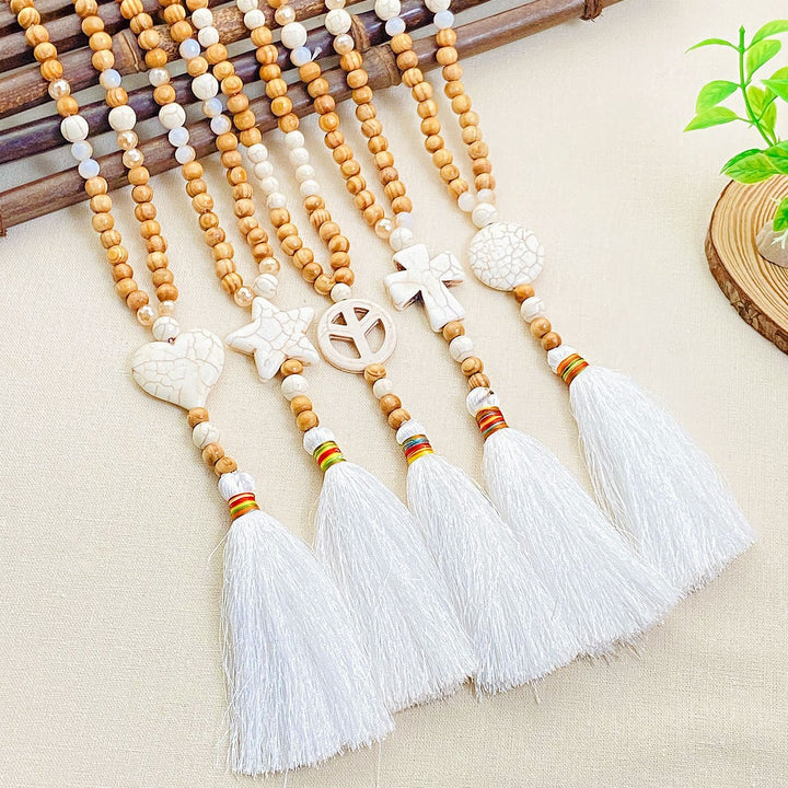 Natural Wood Beaded Cross Tassel Necklace