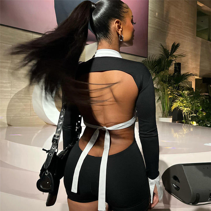 Contrast Trim Backless Cutout Jumpsuit