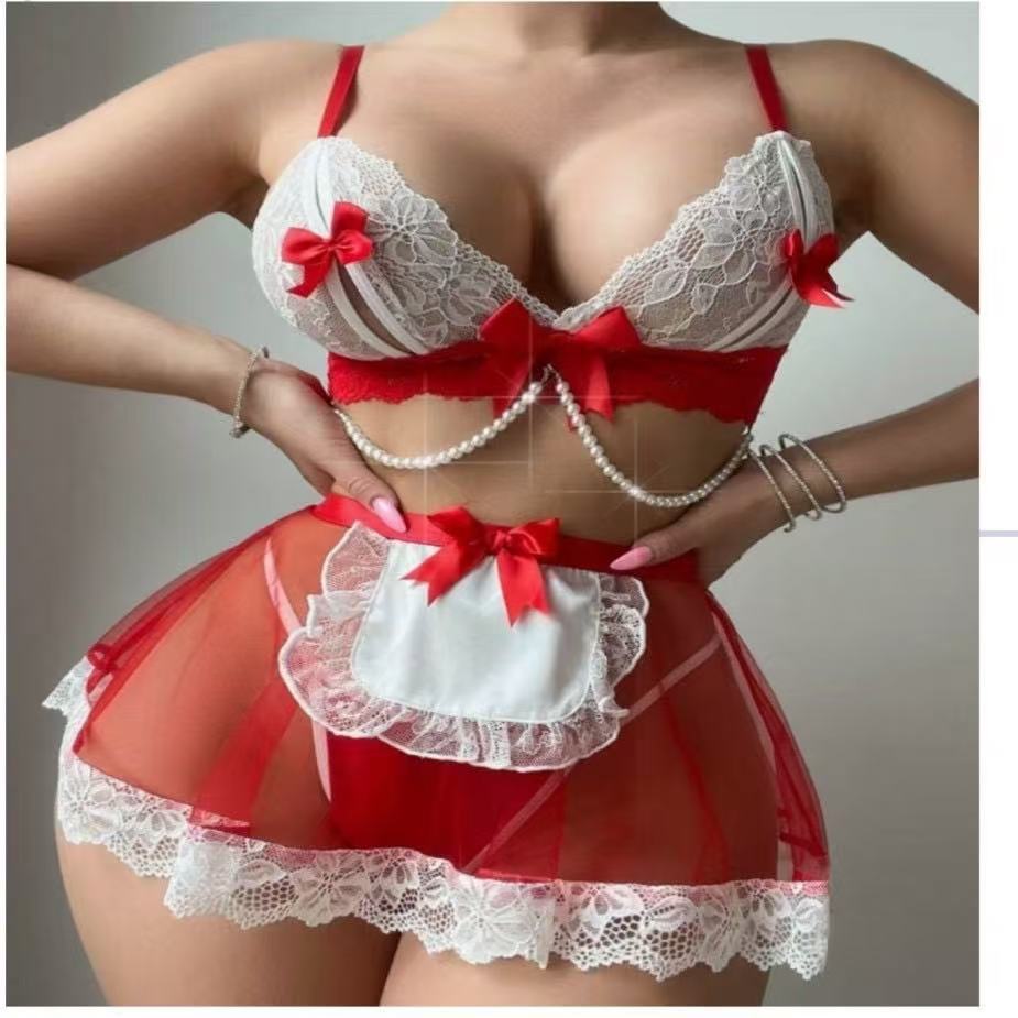 Contrast Lace Bow Mesh 3-Piece Set