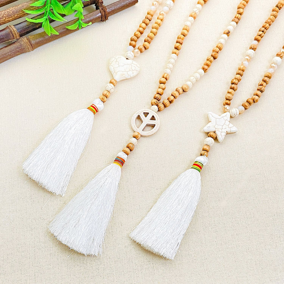Natural Wood Beaded Cross Tassel Necklace