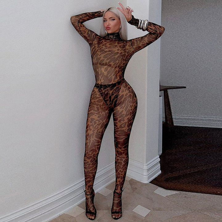 Leopard Mesh High-Neck Long-Sleeve Bodysuit – Slim Fit &amp; Fiercely Stylish