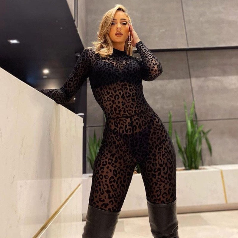 Long-sleeved mesh jumpsuit sexy hot girl flocking see-through jumpsuit
