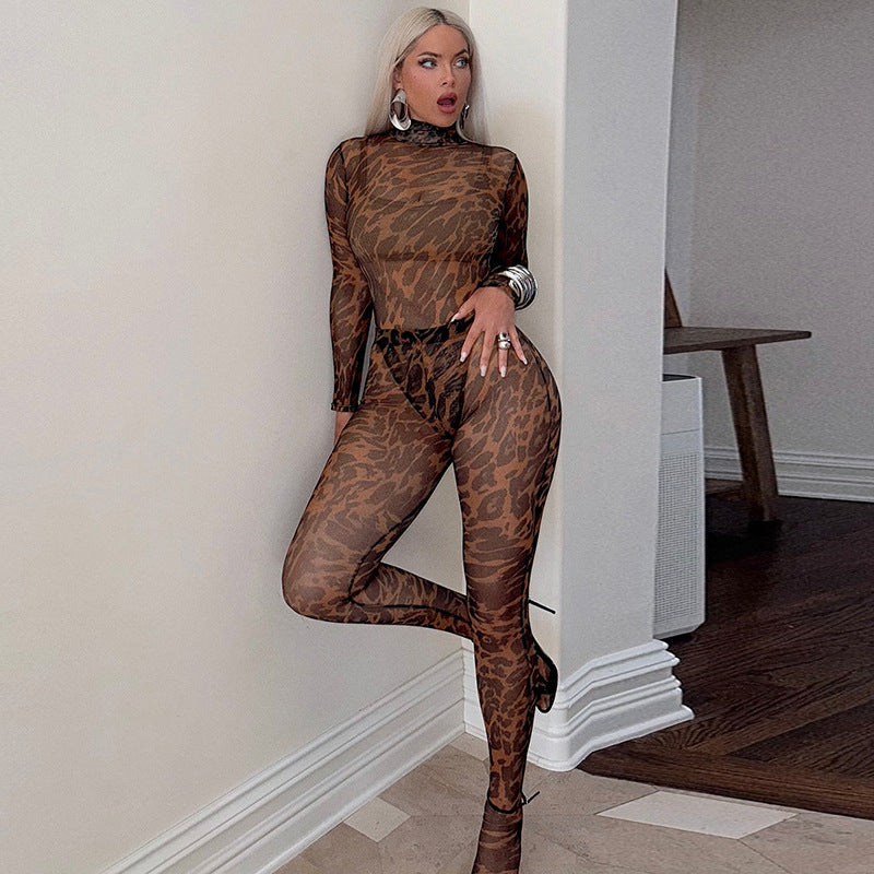Leopard Mesh High-Neck Long-Sleeve Bodysuit – Slim Fit &amp; Fiercely Stylish