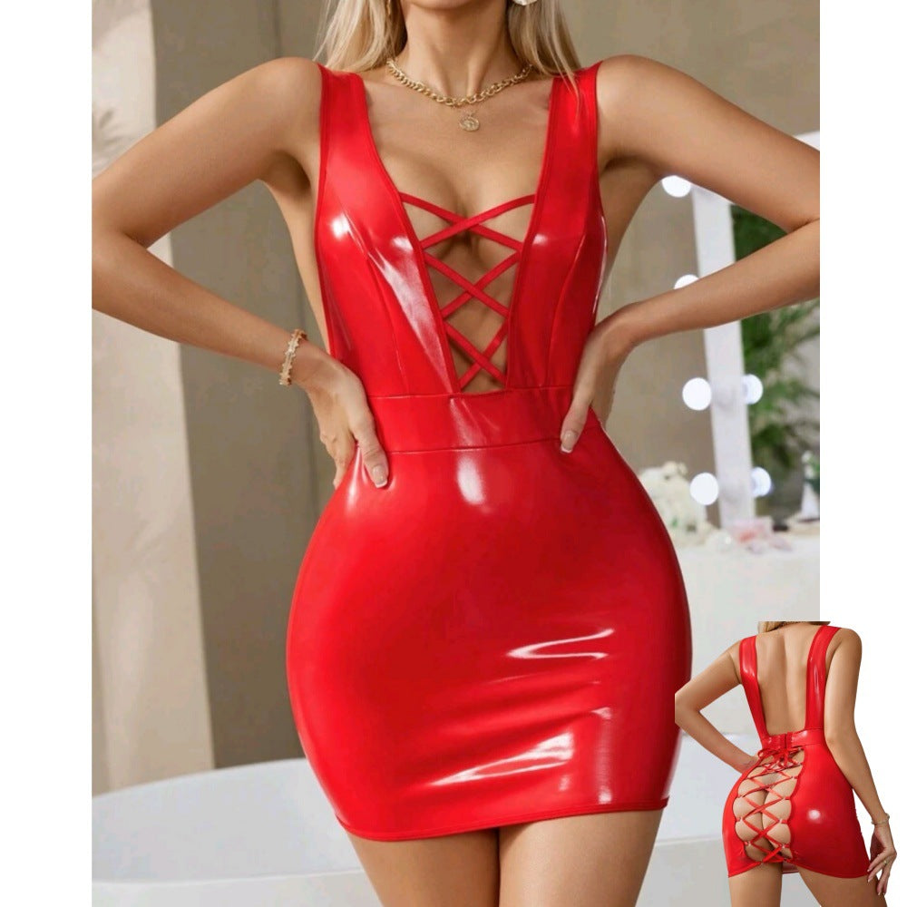Glossy leather drawstring bodycon dress