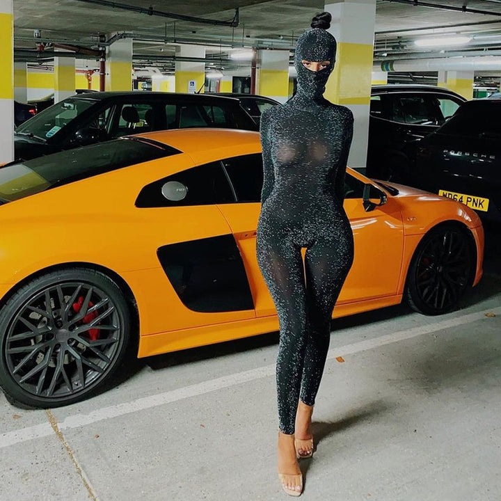 Shiny backless high-neck long-sleeved bodysuit (with hood)