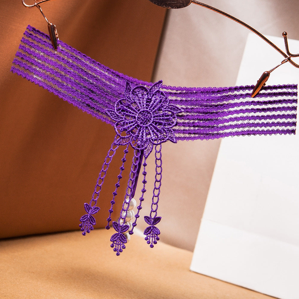 Beaded Friction See-Through Tassel Water-soluble Flower Sexy Panties