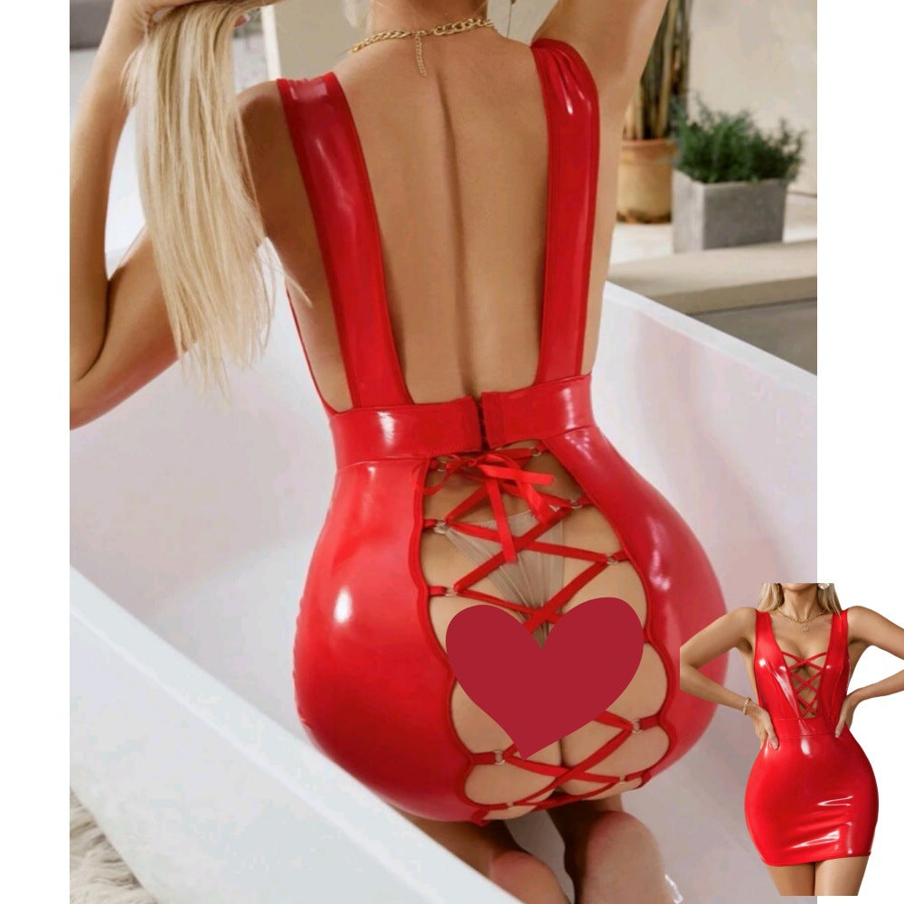 Glossy leather drawstring bodycon dress