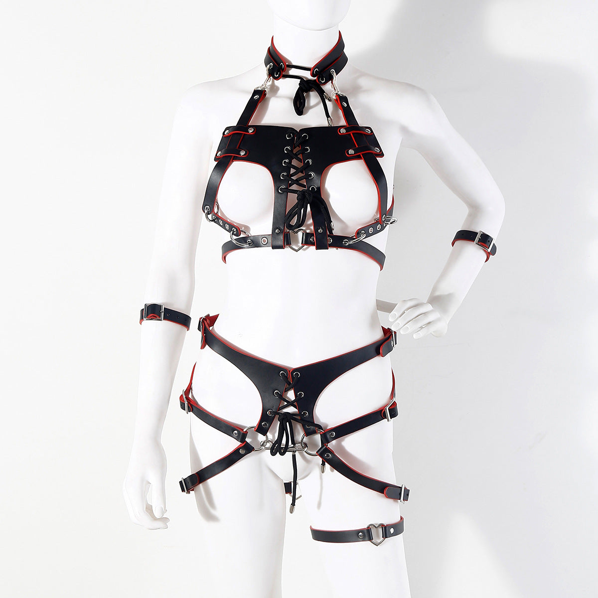 Black and red leather bondage suit