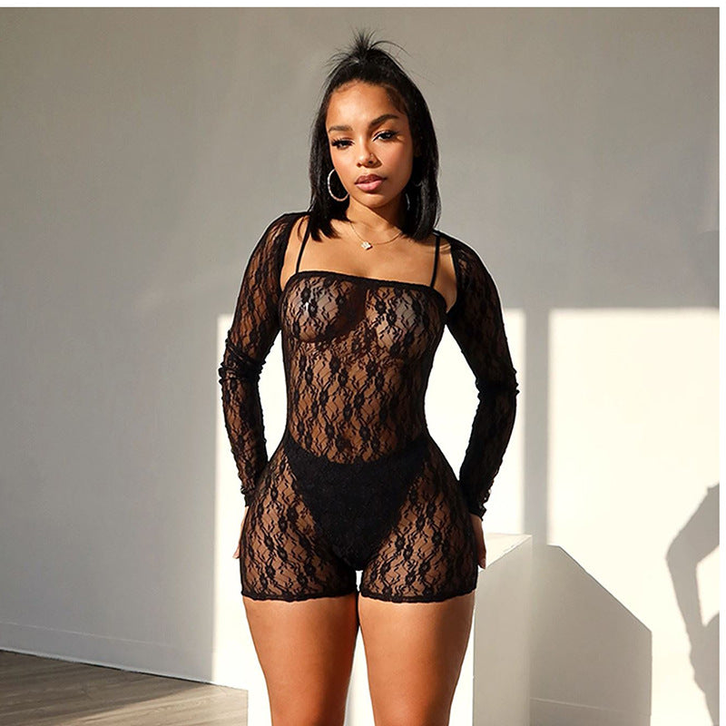 Lace hollow short jumpsuit