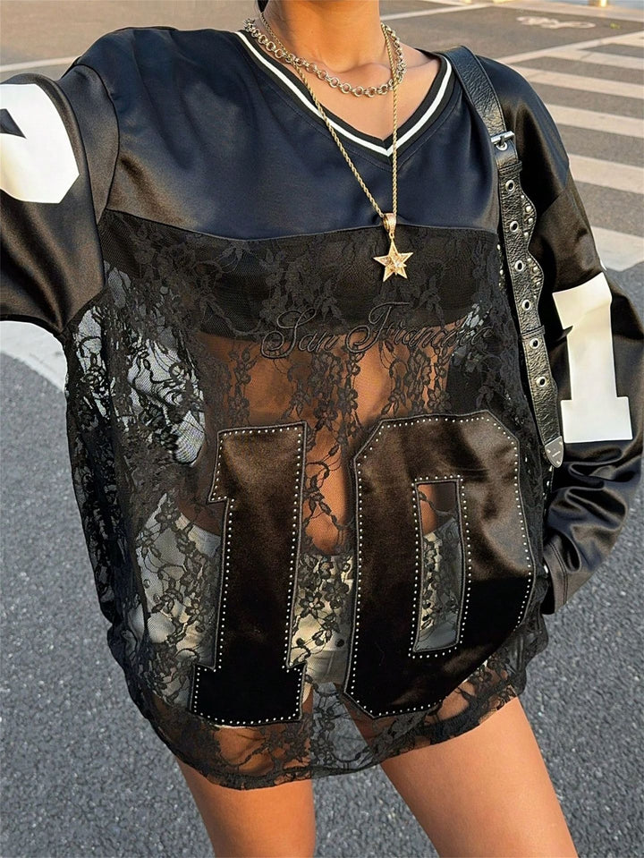 Printed Lace Sheer V-Neck Sweatshirt