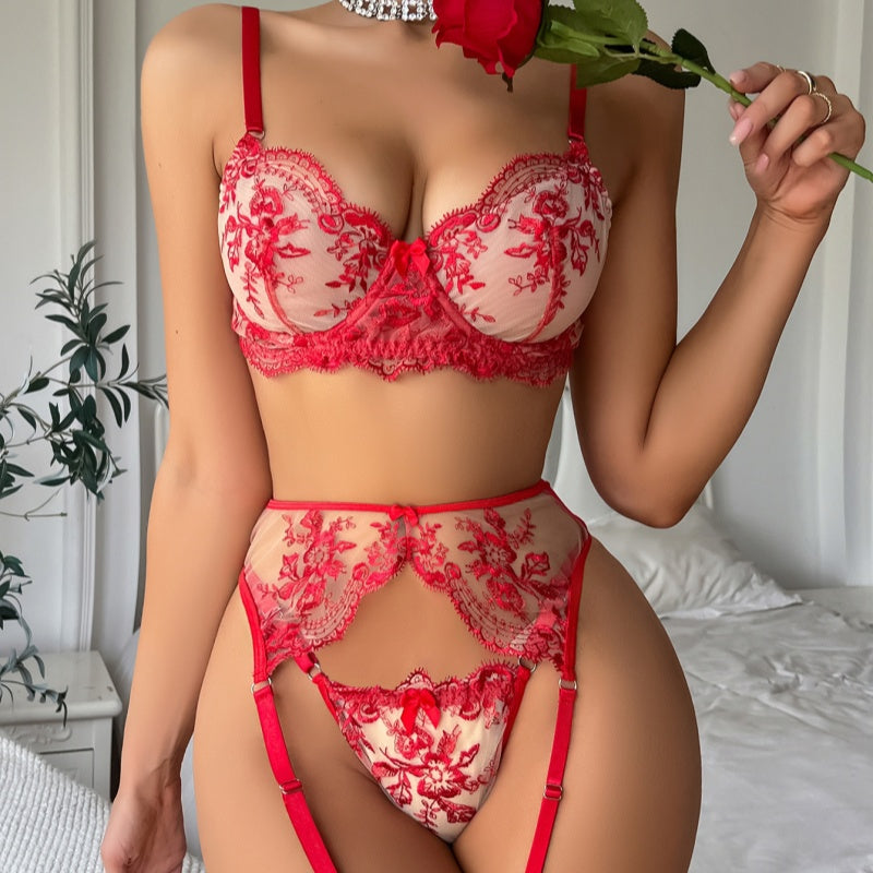 Sheer Floral Embroidery Lingerie Set