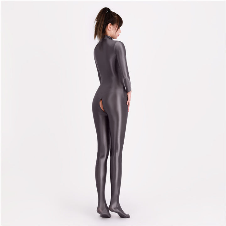 Glossy Silk-Shine Full-Length Bodysuit with Dual Zippe