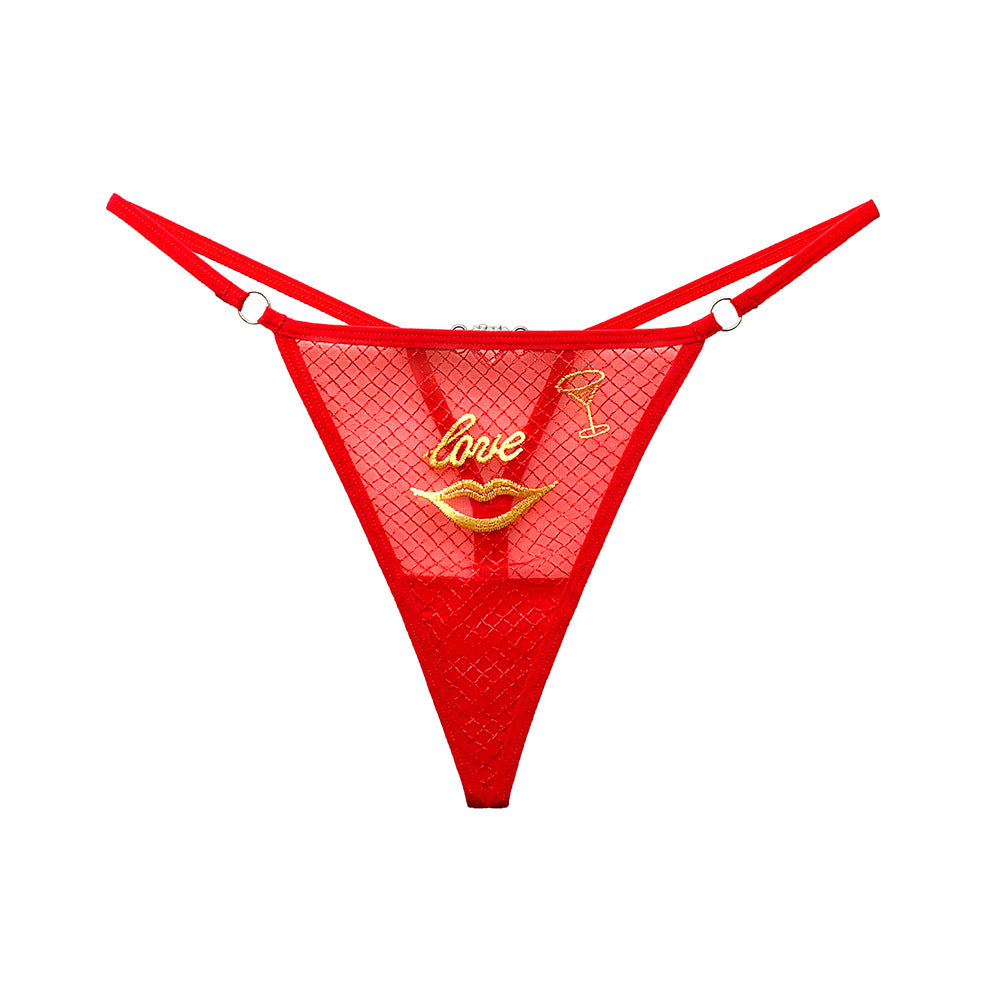 Fashionable red lips love embroidered low waist thin strap diamond decorated panties