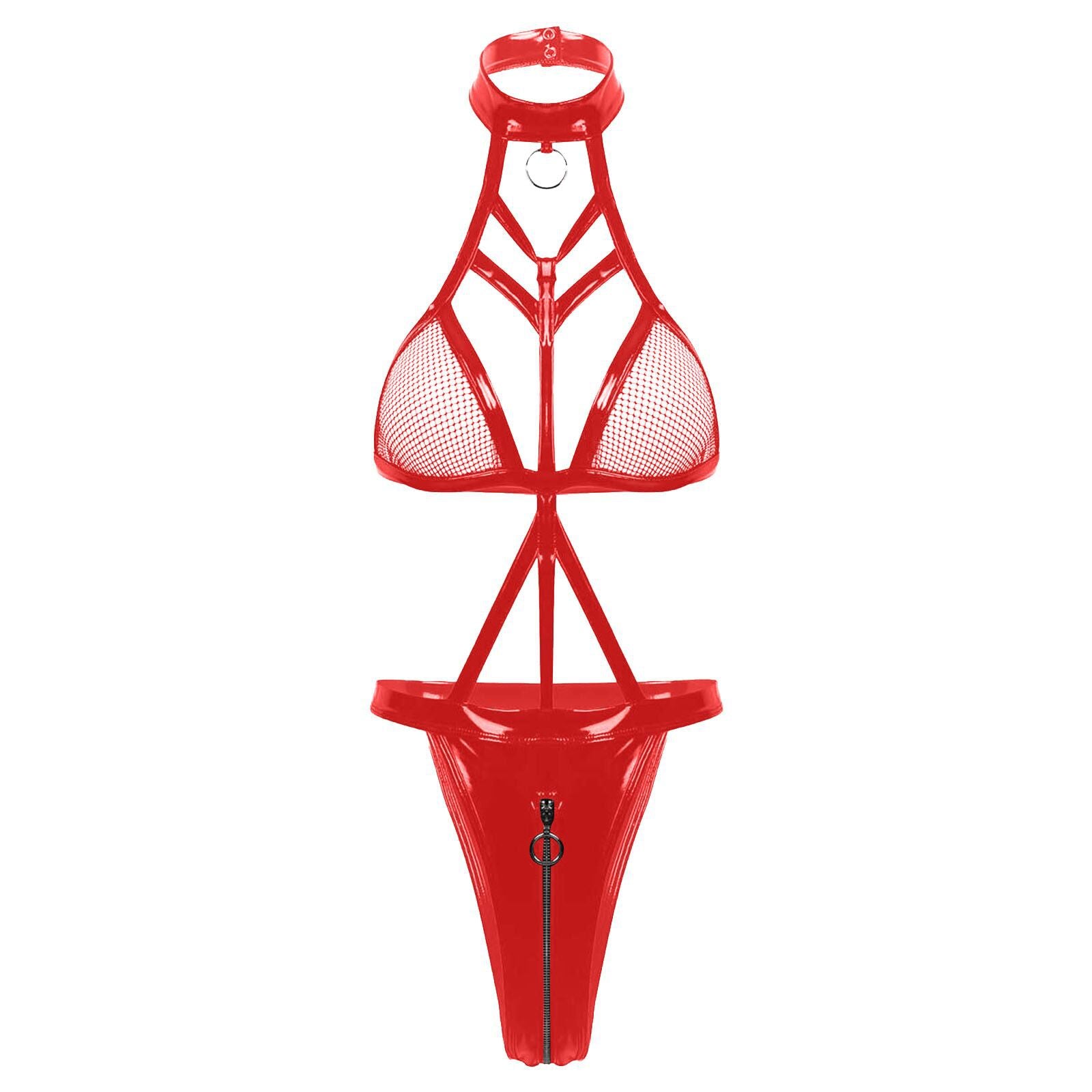 Sexy one-piece hollow patent leather lace-up bra